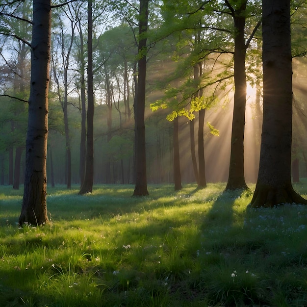 Spring forest landscape with colorful leaves trees and grass in the morning