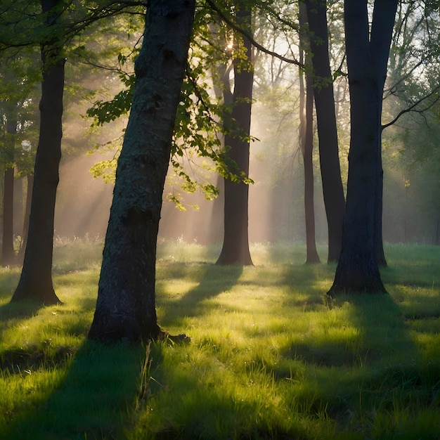 Spring forest landscape with colorful leaves trees and grass in the morning