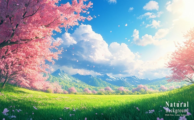 Spring green grassland with white clouds in the sky and pink flowers on both sides of it blue sky