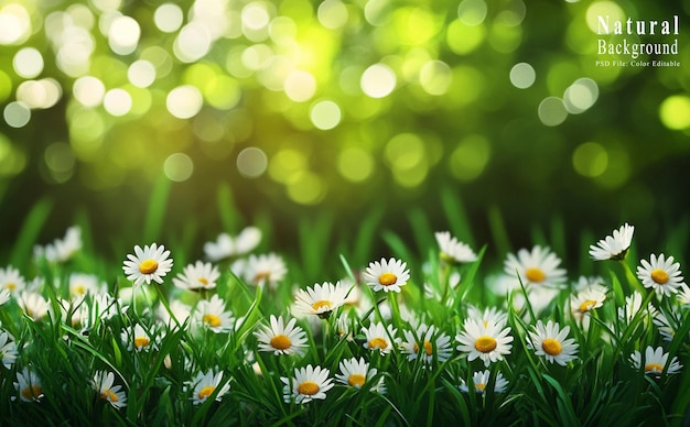 PSD spring green grassland with white clouds in the sky and pink flowers on both sides of it blue sky