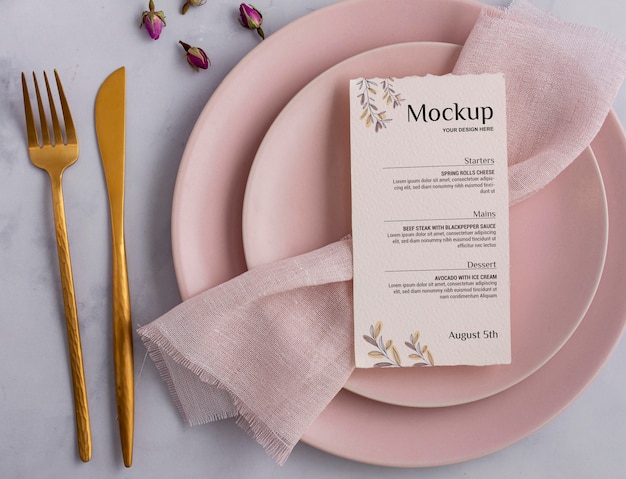 Spring menu with plates and cutlery flat lay