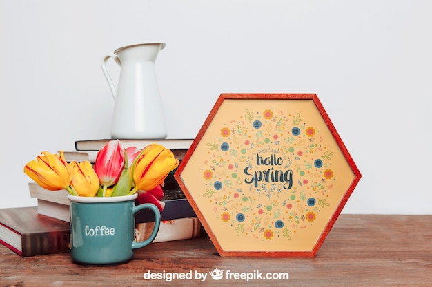 Spring mockup with frame and cup