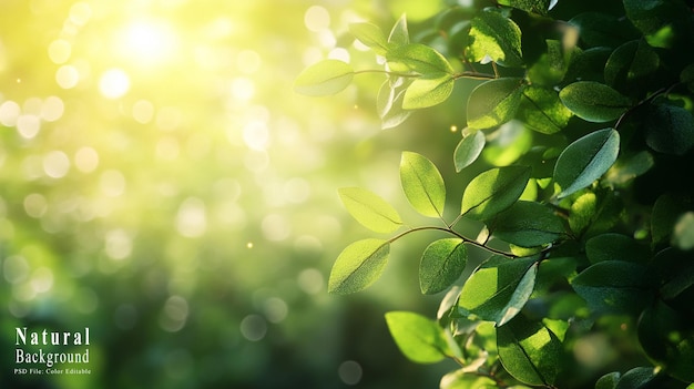 PSD spring nature background with green leaves and blurred bokeh on sunlight natural plants landscape