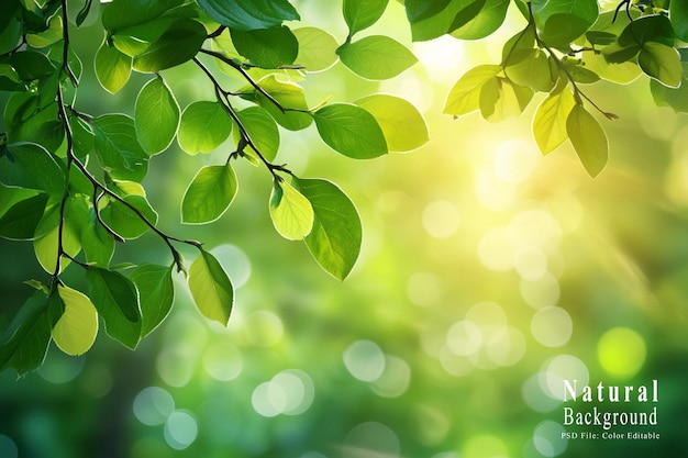 Spring nature background with green leaves and blurred bokeh on sunlight natural plants landscape