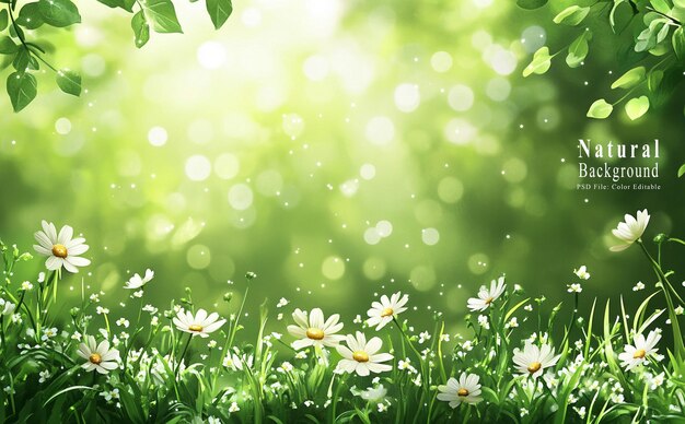 PSD spring nature background with green leaves and blurred bokeh on sunlight natural plants landscape