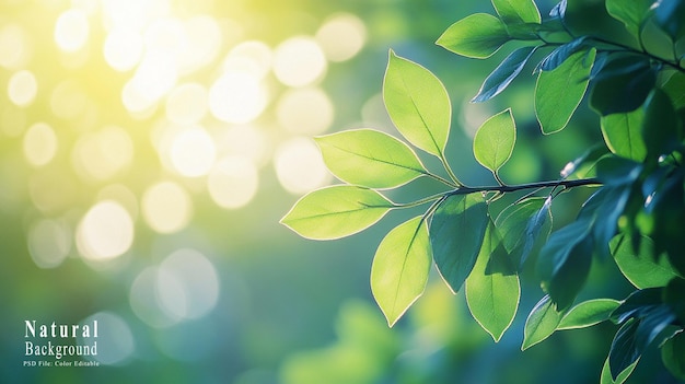 PSD spring nature background with green leaves and blurred bokeh on sunlight natural plants landscape