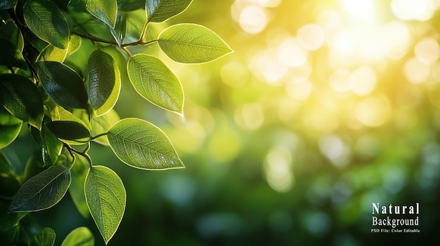 PSD spring nature background with green leaves and blurred bokeh on sunlight natural plants landscape