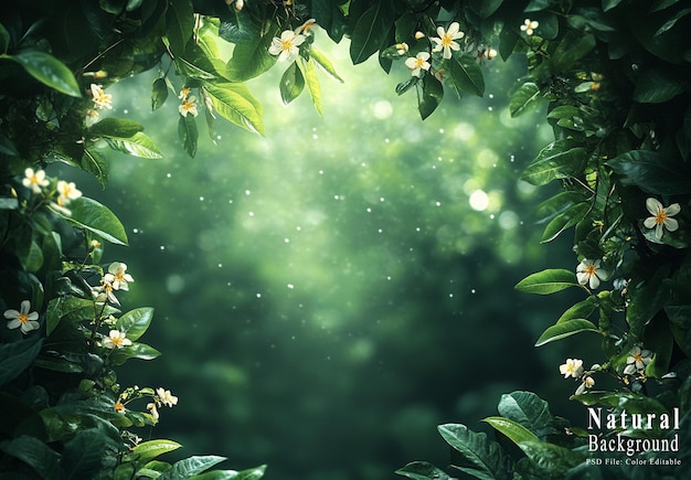 PSD spring nature background with green leaves and blurred bokeh on sunlight natural plants landscape