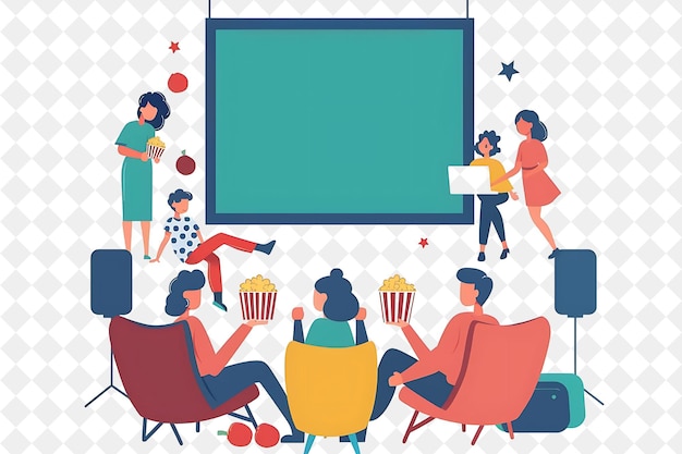 Spring Outdoor Movie Night With Characters Watching a Movie PNG Festival 2D Flat Art Illustrations