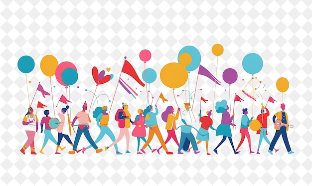 PSD spring parade with characters marching in a parade design is png festival 2d flat art illustrations