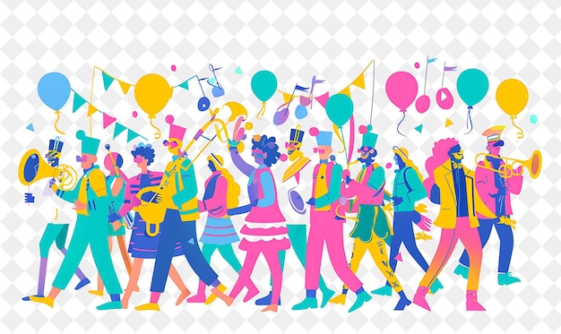 PSD spring parade with characters marching in a parade design is png festival 2d flat art illustrations