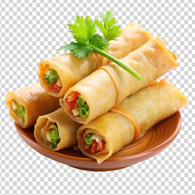 Spring rolls with green toppings on transparent background