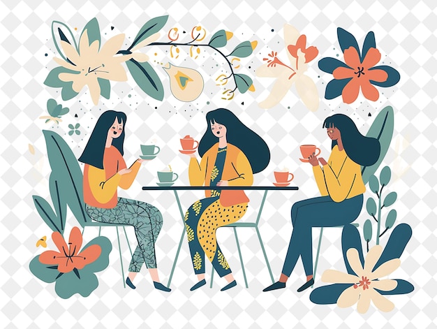 PSD spring tea party with characters enjoying tea in a blooming png festival 2d flat art illustrations