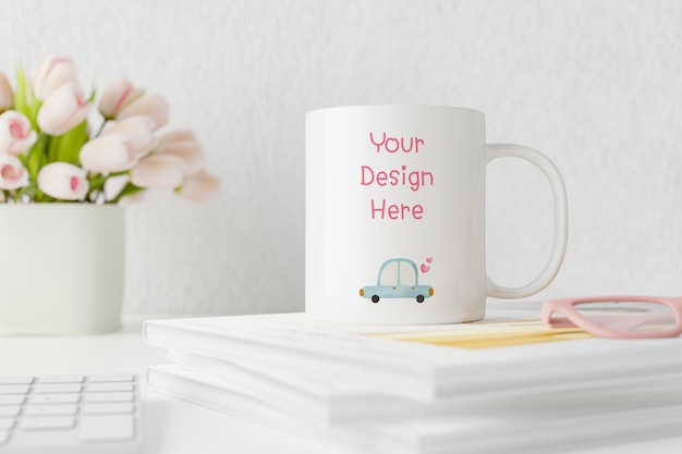 Spring white mug mockup on table with tulips  