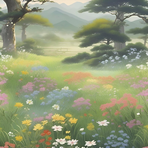 PSD spring wildflower meadow landscape with a traditional japanese style