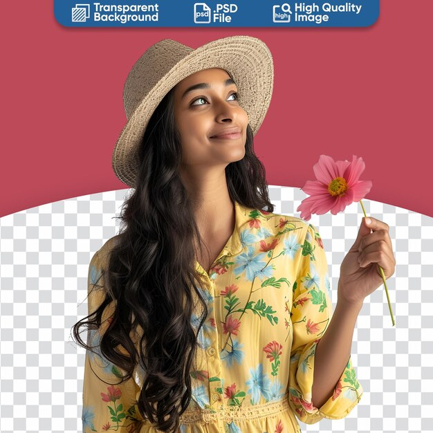 SpringReady Smiley Young Indian Latina Woman in Portrait Dressed Hatted and Holding a Flower