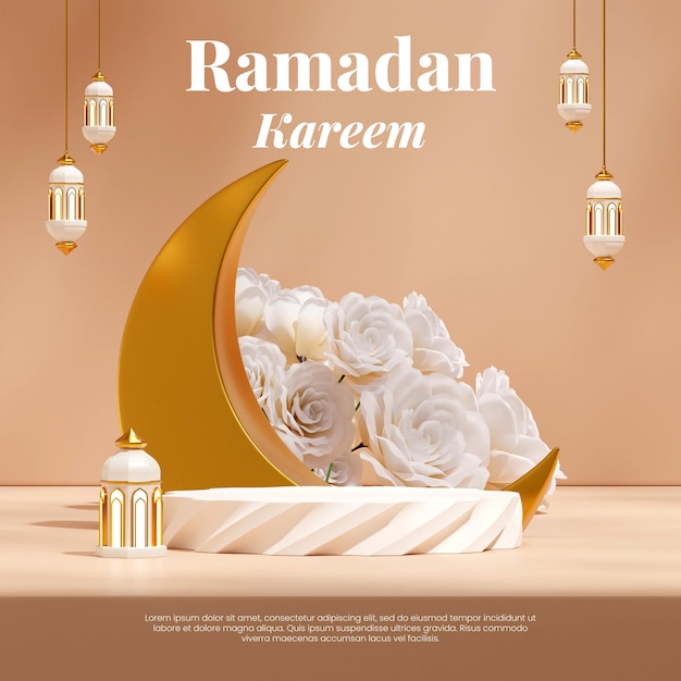 in square arabian lamp and white flower ramadan kareem, 3d rendering blank mockup white podium