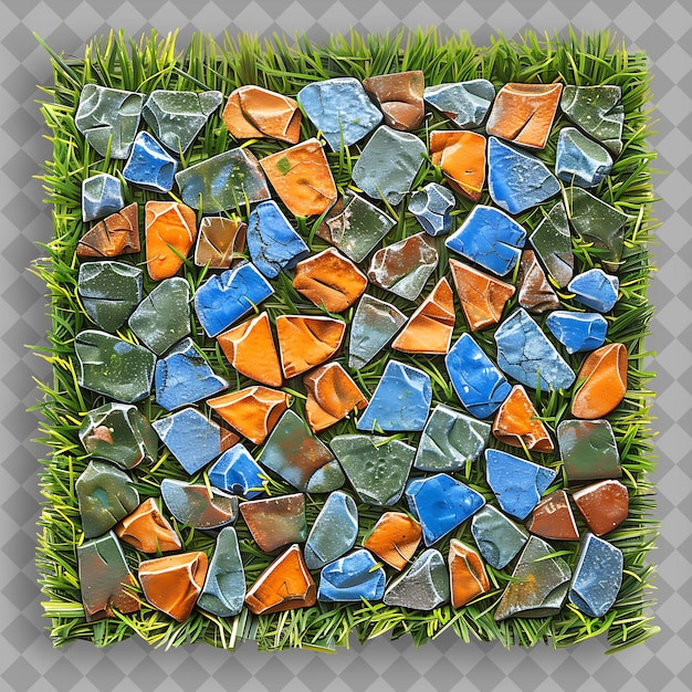 PSD a square of blue and orange stones in the grass