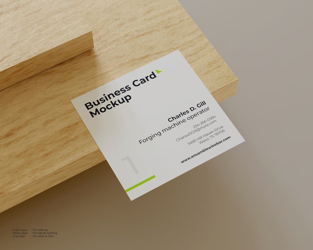 Square Business card mockup at the end of a wooden corner