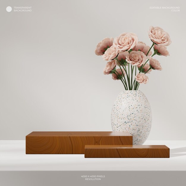 PSD in square flower in vase transparent background rendering 3d scene mockup of wood texture podium