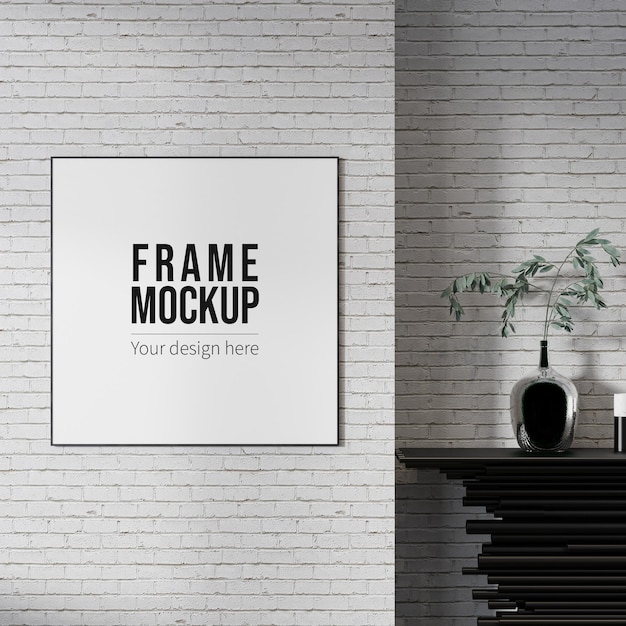 PSD square frame mockup on white brick wall