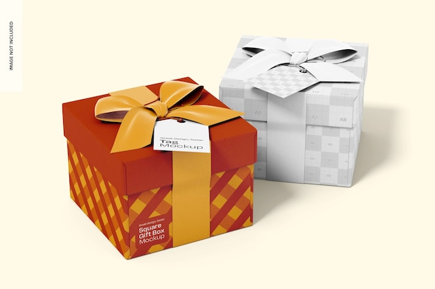 PSD square gift boxes with tag mockup