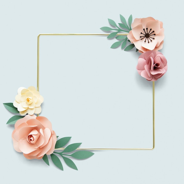 Square gold frame with flower paper craft mockup