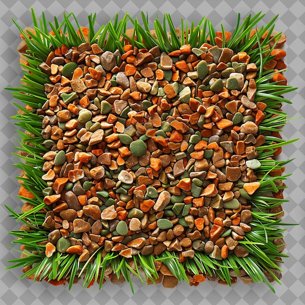 a square of grass with a square of nuts on it