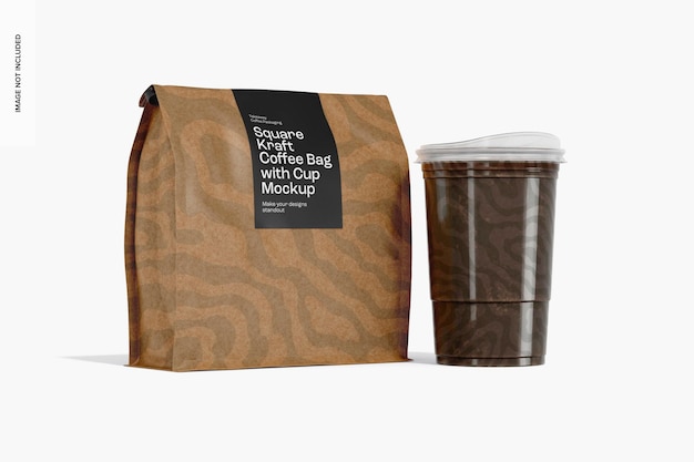 PSD square kraft coffee bag with cup mockup, left view