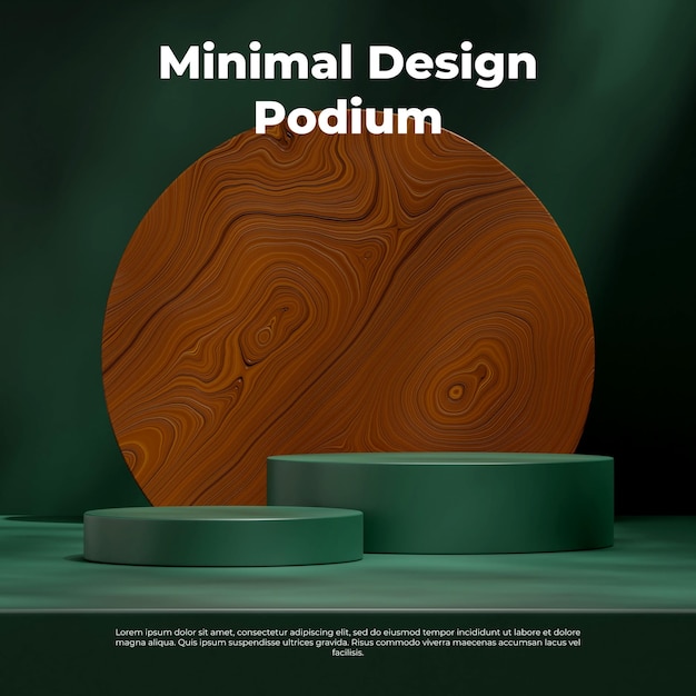 Square layout circular wooden texture background 3D image render blank mockup dark green podium