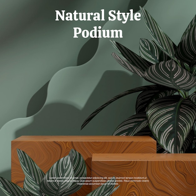 Square layout of green wall and striped calathea 3D render blank mockup wooden block podium