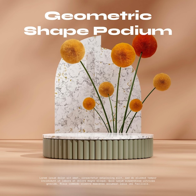 Square layout of yellow and red mimosa flower, 3D render blank space of marble and green podium