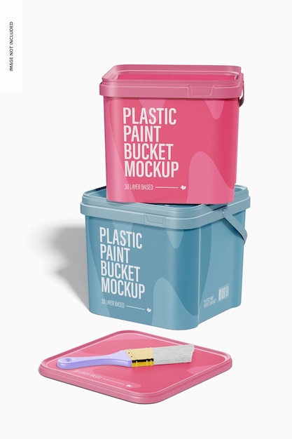 Square Plastic Paint Buckets Mockup, Stacked