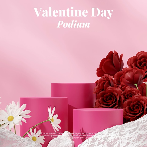 in square rose and daisy flower in valentine 3d render blank mockup cylinder pink podium
