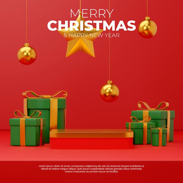 in square star, ball, and gift box 3D rendering blank mockup christmas gold and red podium