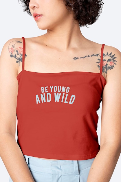 Square tank top psd mockup in red with inspirational quote women&amp;rsquo;s fashion shoot