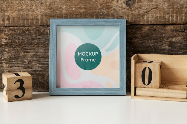 Square wooden frame mock-up with interior decorations