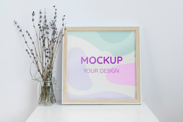 Square wooden frame mock-up with interior decorations