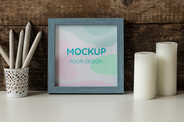 Square wooden frame mock-up with interior decorations