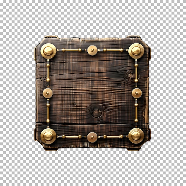 Square wooden frame with gold elements isolated on transparent background