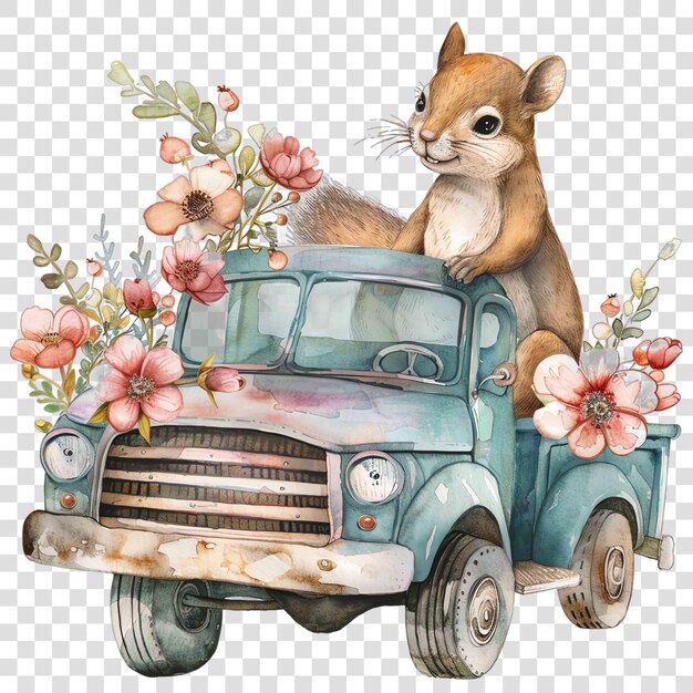 PSD squirrel driving a truck with flowers nuresery watercolor