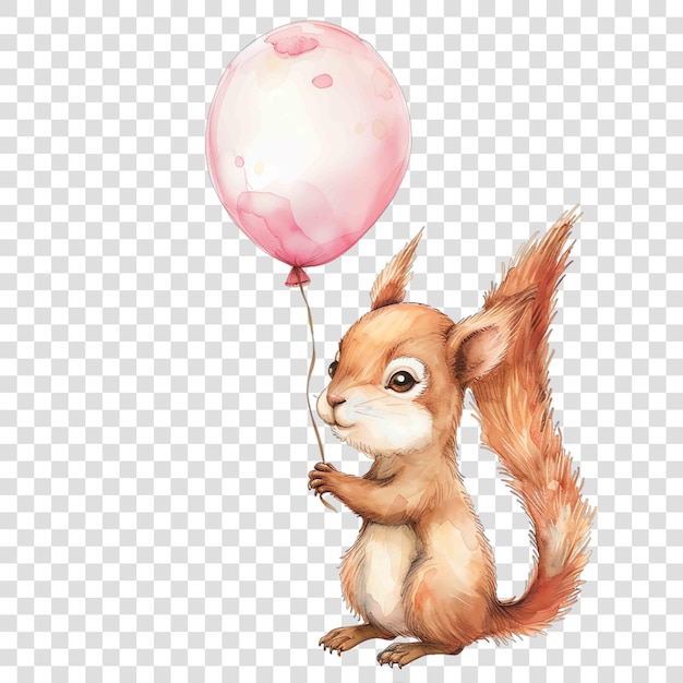 Squirrel holding a pink balloon nuresery watercolor