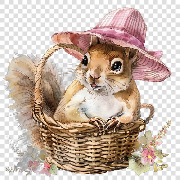 PSD squirrel summer outfit with a floral fuchsia panama hat inside a basket nuresery watercolor