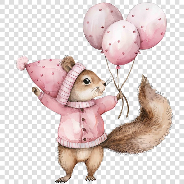 Squirrel wearing a pink outfit holding pink balloons nuresery watercolor