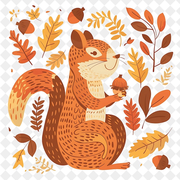 a squirrel with a pine cone on his head sits in a circle of autumn leaves