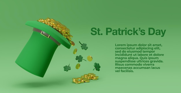 St Patrick's Day hat and beer on green background. 3d render illustration