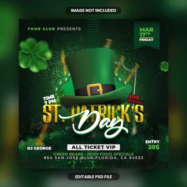 St patrick's day music event party flyer or social media banner and facebook post template