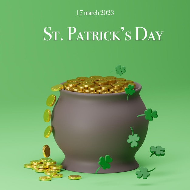 St Patrick's Day pot with gold coins on green background. 3d render illustration