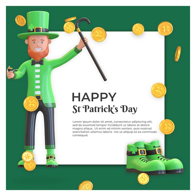 St. patrick's day social media template design with leprechaun and boot shoes background illustration