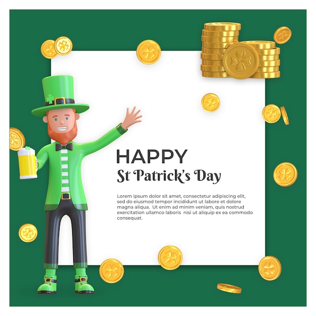 St. patrick's day social media template design with leprechaun and coin background illustration